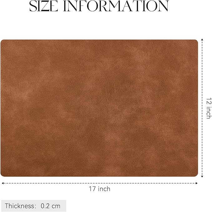 MOSAYT Vinyl Placemats Set of 6-12 x 17 Inch - Practical Gift, Winter Faux Leather 100% Waterproof Wipeable PU Place Mats, Heat Resistant Table Mats for Kitchen, Dining, Outdoor (Reddish Brown)