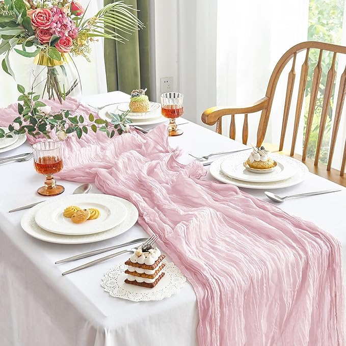IVAPUPU 8 Pcs Cheesecloth Table Runner - 10ft Pink Boho Gauze Cheese Cloth Table Runners for Baby Shower Decoration Wedding Party Summer Garden Farmhouse