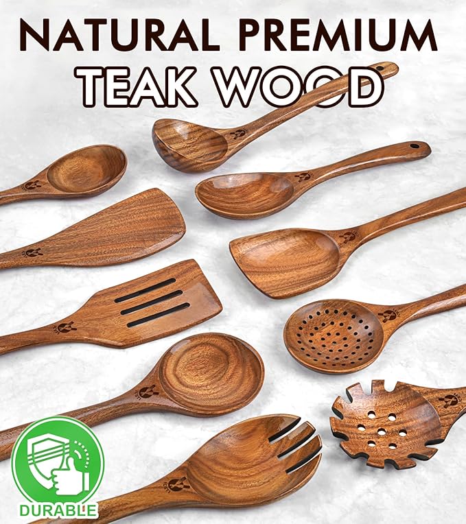 Wooden Spoons for Cooking, 10 Pcs Natural Teak Wood Kitchen Utensils Set, Comfortable Grip Wooden Utensil Set for Nonstick Pans & Cookware, Heat Resistant Wooden Spoons Wooden Spatulas Set