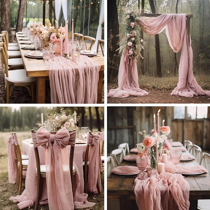 combocube 12 Pack 35x120 Inch 10Ft Cheesecloth Table Runner Long Gauze Rustic Romantic Table Cloth for Wedding Reception Bridal Shower Birthday Party Table Decorations, Dusty Pink
