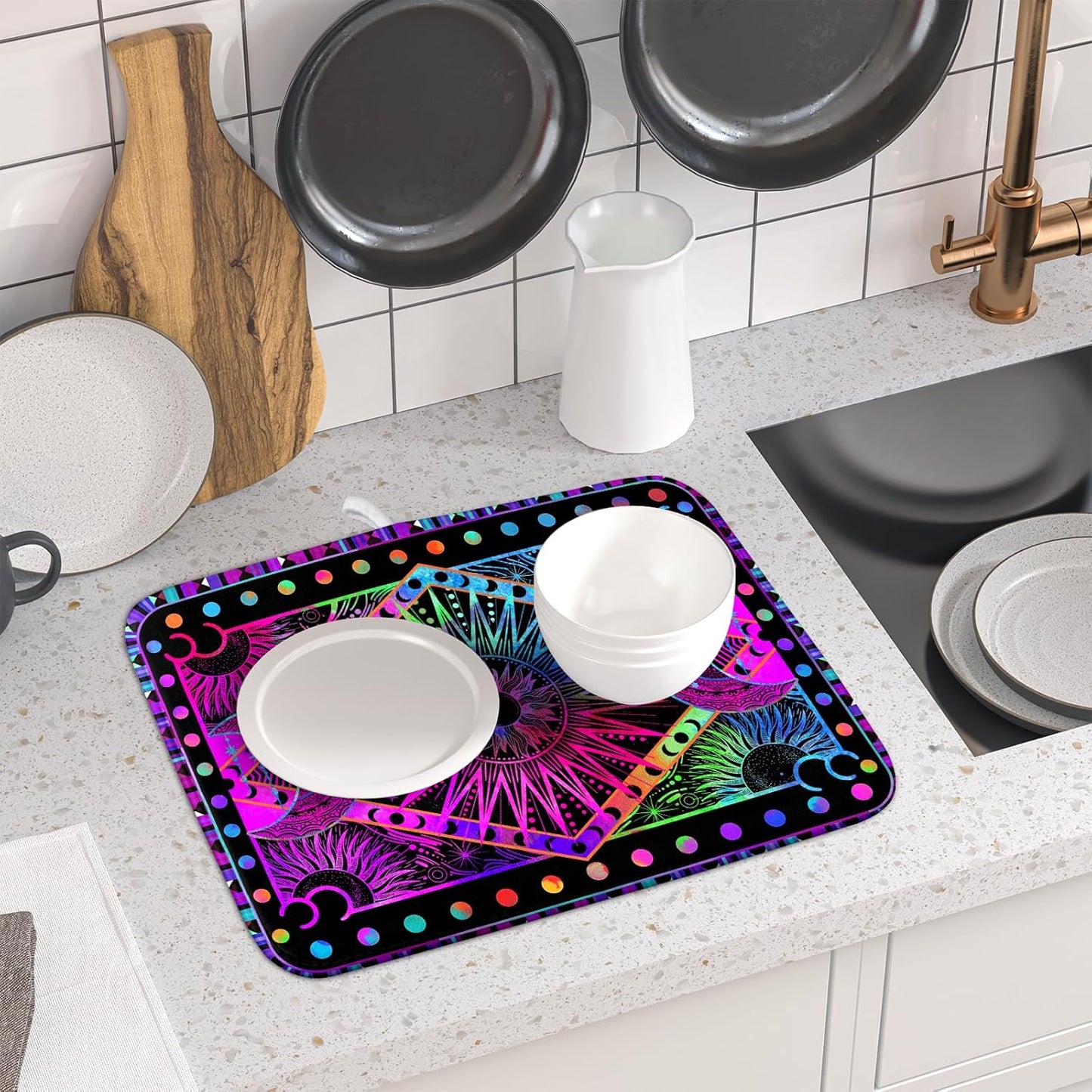 Purple Absorbent Dish Drying Mat Sun and Moon Microfiber Drying Pad for Kitchen Counter Decor Small