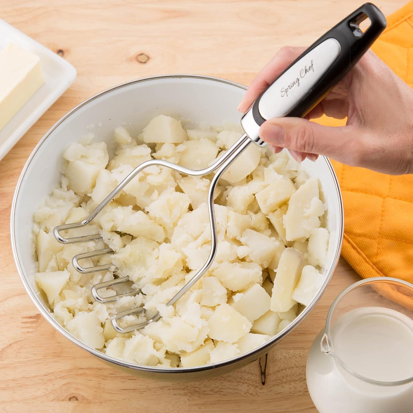 Spring Chef Stainless Steel Potato Masher with Premium Vegetable Peeler, Mashed Potato Masher - Kitchen Tool with Soft Non-slip Handle, Metal Food Masher for Fruit, Avocado, Bean, Guacamole, Banana