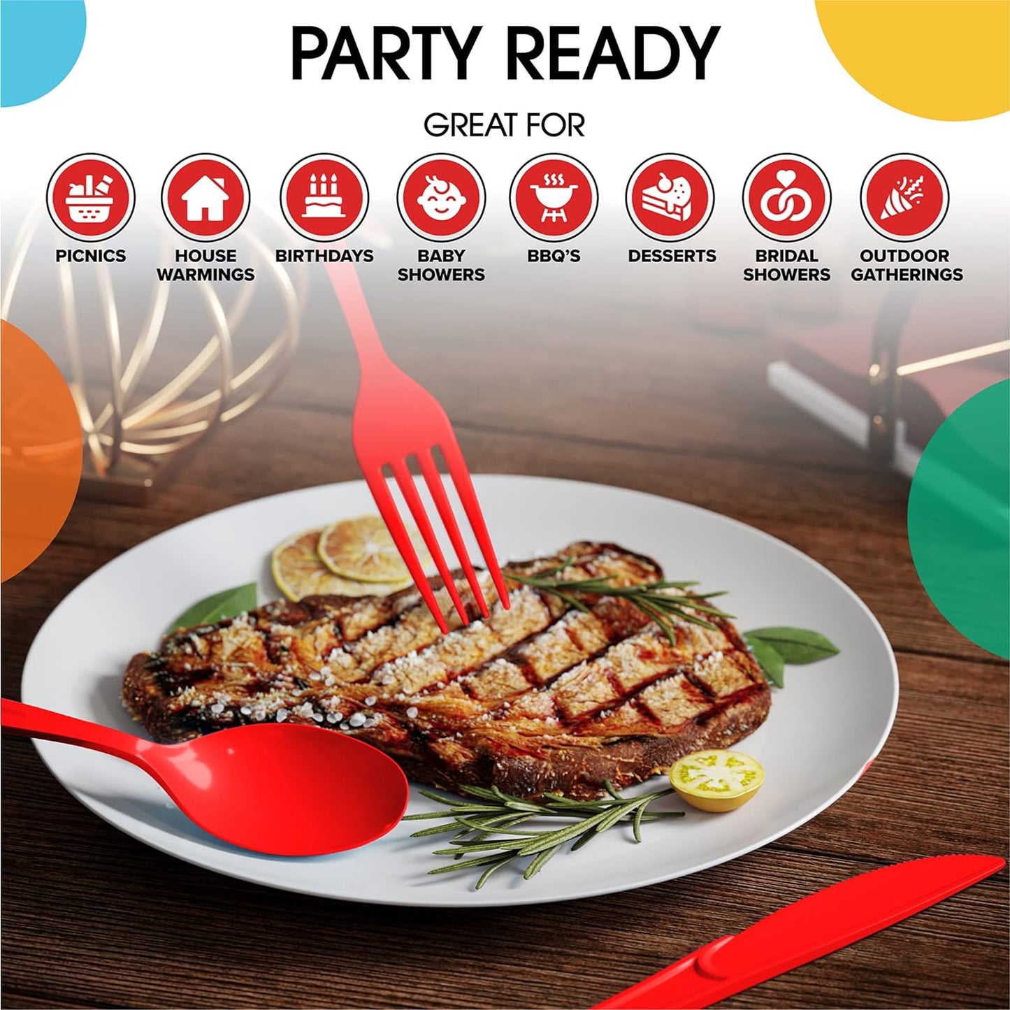 Heavy Duty Red Plastic Disposable Cutlery - 200 Pcs, Flatware, Silverware, Plastic Spoons