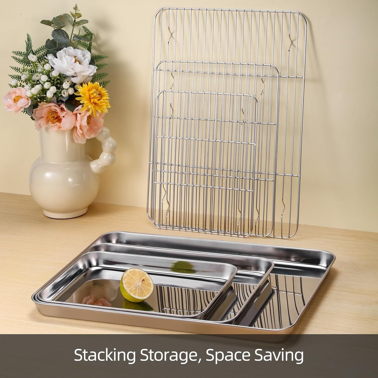 Baking Sheet with Cooling Rack Set of 6, 3 Premium Stainless Steel Cookie Sheets and 3 Wire Racks, Kitchen Nonstick Baking Pans Set Includes 3 Different Sizes, Heavy Duty Non Toxic