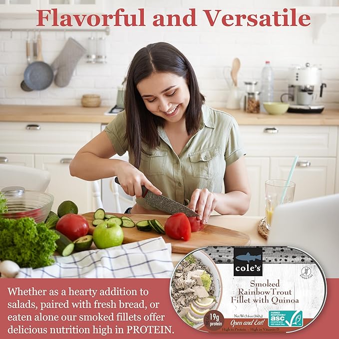 COLE’S - Smoked Rainbow Trout Fillet with Quinoa | Open & Ready to Eat Meal | 5.6 oz Canned & Hand-Packed | 19g Protein | High in Vitamin D | 12 pack