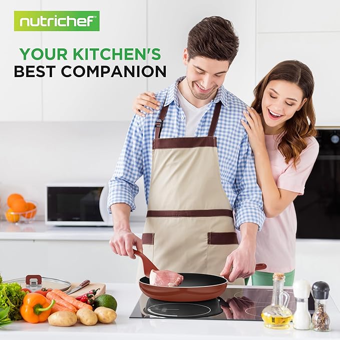NutriChef Space Saver 17-Piece Nonstick Cookware Set - Brown Pots and Pans with Stackable Design, Foldable Handles, Induction Ready