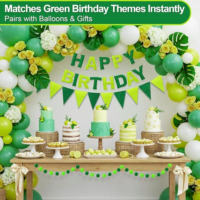 Pre-Strung Happy Birthday Banner & Felt Garland Set - Ombre Green Birthday Decorations for Women Men Boys Girls | Reusable Party Supplies for Indoor & Outdoor