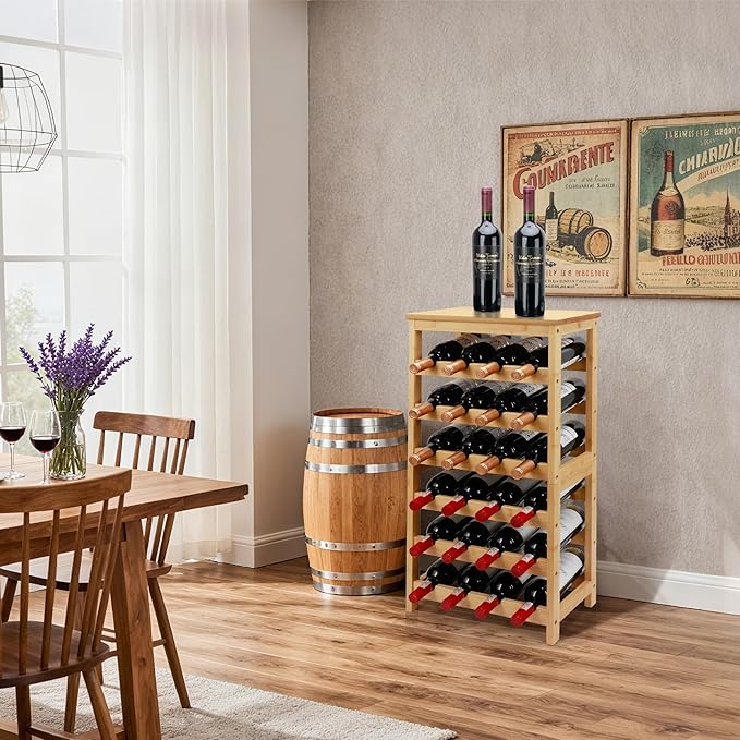 Wine Rack Free Standing Floor, 6-Tier 24 Bottles Display Wine Storage Shelves with Table Top, Easy-Assembly Freestanding Bamboo Wine Racks for Kitchen Dining Room Bar, Natural