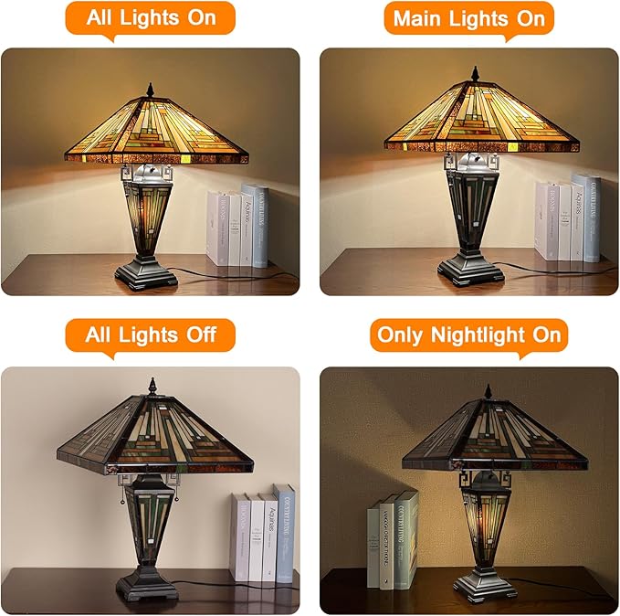 Capulina Tiffany Lamp Stained Glass Table Lamp 3-Light 16X16X24 Inches Mother-Daughter Vase Amber Brown Mission Tiffany Style Desk Reading Lamp for Living Room Bedroom Study Home Office