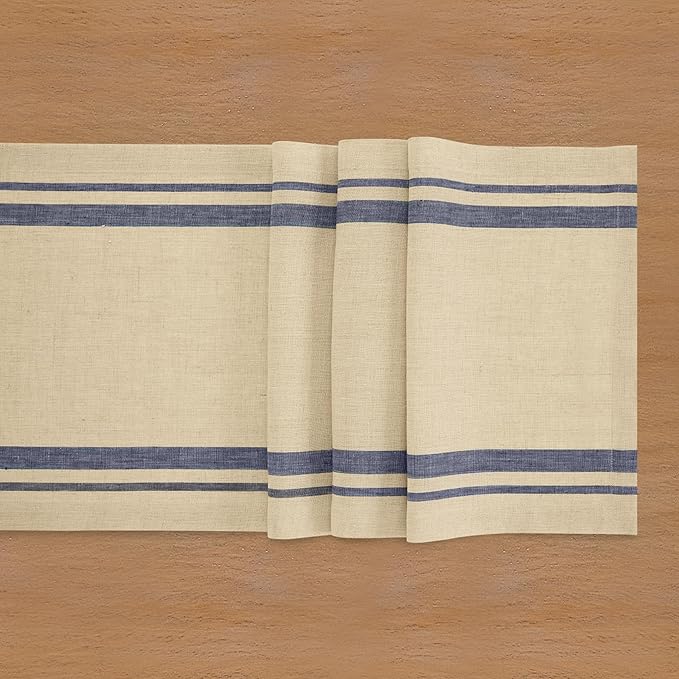 Solino Home Linen Table Runner 72 Inches Long - 100% Pure Linen Navy and Natural French Stripe Table Runner 14 x 72 Inch for Dining, Dresser