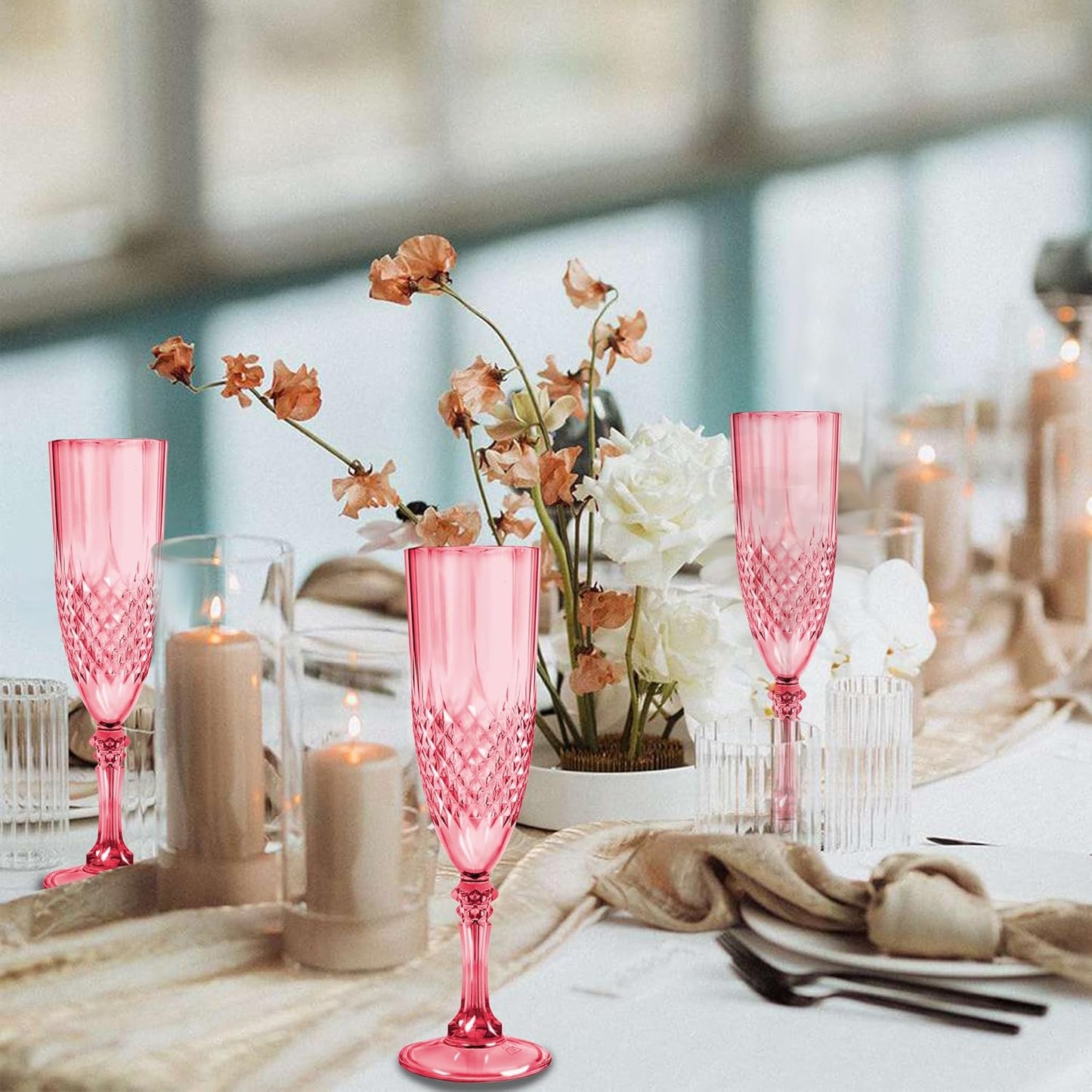 Plastic Champagne Flutes, 24PCS Red Plastic Wine Glasses Goblets Reusable Champagne Flute for Weddings, Bachelor Parties, Toasting, and Events(24,Red)