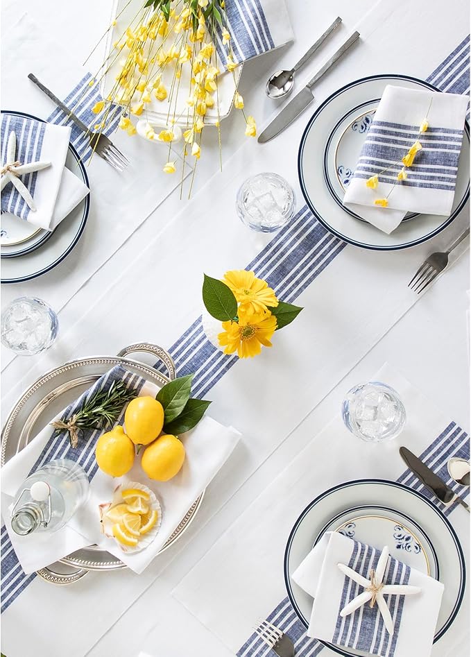 Solino Home Linen Table Runner 72 Inches Long - 100% Pure Linen Navy and White Farmhouse Table Runner 14 x 72 Inch for Dining, Dresser, Christmas, Holiday, New Year