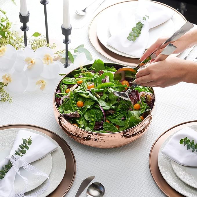 Copper Salad Bowl and Serving Utensils - Hammered Detailing - Stainless Steel Mixing Bowls with Lids- Luxurious Serving Bowls (12" Rose Gold Hammered Salad Bowl)