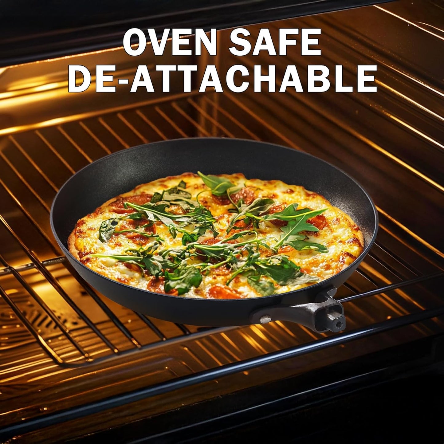 DM Cast Iron Skillet, 3 Piece Nonstick Frying Pan Set, 8” 10” 12” with Detachable Acacia Wooden Handle, Honeycomb Non stick Omelet Egg Pan, Easy Clean Oven Safe Pans for Cooking