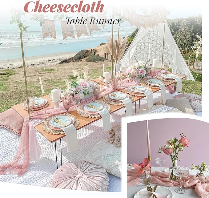 Aktor 6 Pack Dusty Pink Cheesecloth Table Runner 10Ft Gauze Table Runner Boho Semi Sheer Cheese Cloth Fabric Runners for Wedding Birthday Baby Shower Party Table Decoration(Dusty Pink)
