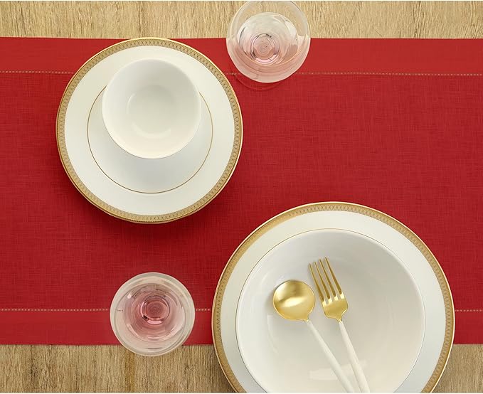 Solino Home Linen Red Table Runner 144 Inches Long - 100% Pure Linen Extra Long Table Runner 14 x 144 Inch for Christmas, Holiday, Winter, New Year - Classic Hemstitch