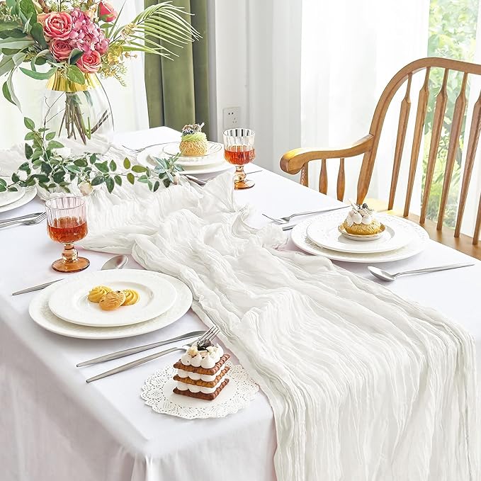 IVAPUPU 4 Pcs Cheesecloth Table Runner - 10ft Ivory White Boho Gauze Cheese Cloth Table Runners for Baby Shower Decoration Wedding Party Summer Garden Farmhouse