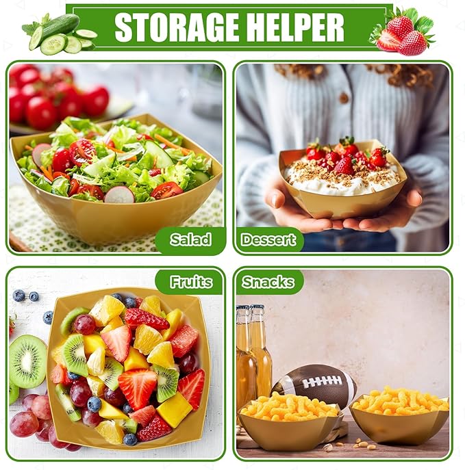 Tanlade 50 Pcs Square Plastic Serving Bowls Disposable Snack Salad Bowl Small Party Candy Bar Containers Taco Bar Serving Dishes for Buffet Chips Fruit(12 oz,Gold)