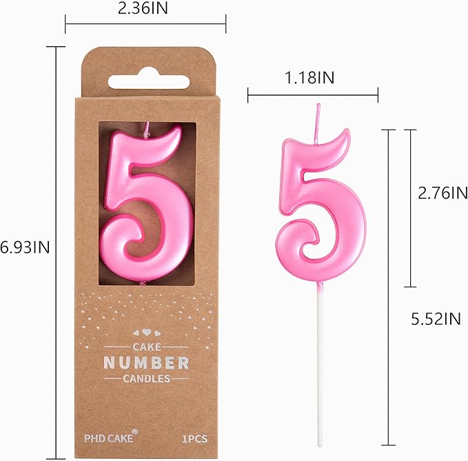 PHD CAKE 2.76 Inch Elegant Pink 5 Number Birthday Candles, Pink Number Candles, Cake Number Candles, Party Celebration