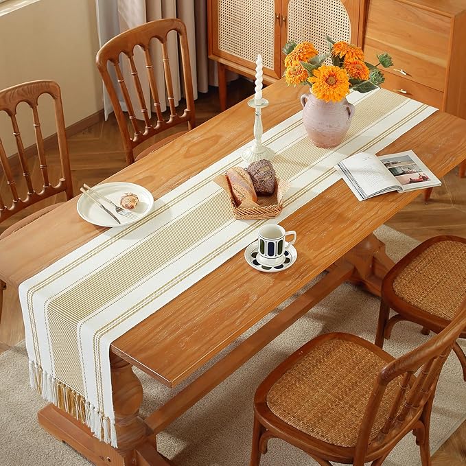 Niviy Gold Table Runner with Tassels, 72 Inches Long Farmhouse Macrame Cotton Linen Woven Runners for Summer Home Decor, Gold Table Decorations for Event Party, Christmas (Yellow, 12"×72")