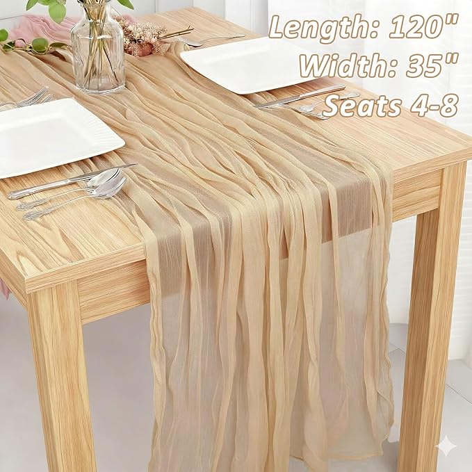 Cheesecloth Table Runner Champagne, Boho Rustic Cheesecloth Gauze, 35x120 Inches Champagne Cheese Cloth Runner for Weddings, Thanksgiving, and Party Decor, 1 Pack