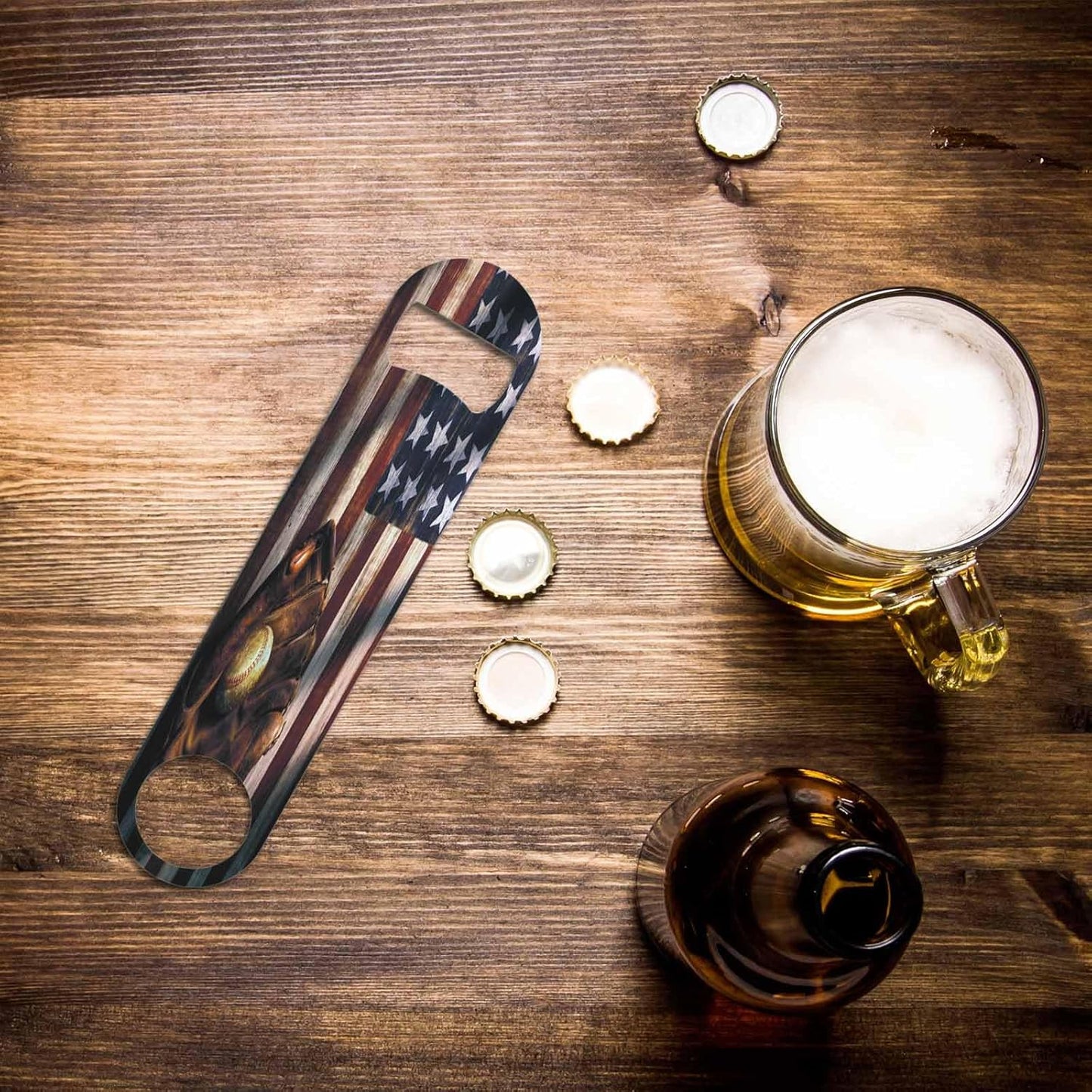 Baseball Gloves Stainless Steel Bottle Opener Vintage American Flag Baseball League Equipment Grunge Glove Flat Beer Bottle Opener Keychain for Home Kitchen Bar Restaurant Party Birthday Gift