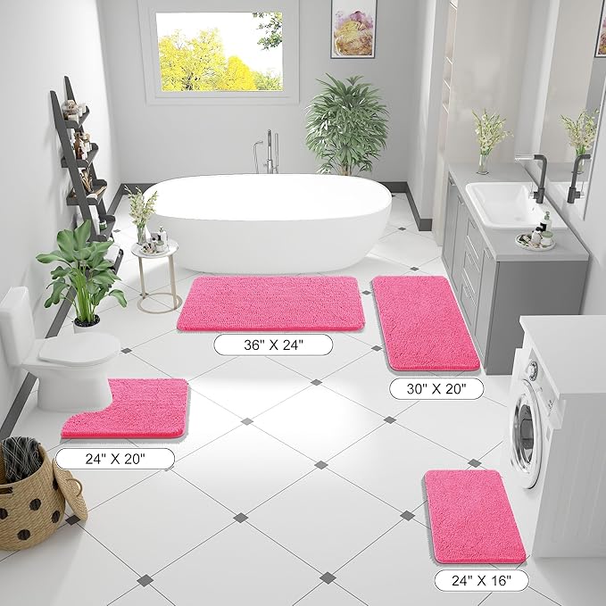 OLANLY Bathroom Rugs 44x24, Extra Soft Absorbent Chenille Bath Rugs, Rubber Backing Quick Dry, Machine Washable Bath Mats for Bathroom Floor, Tub and Shower, Home Decor Accessories, Hot Pink