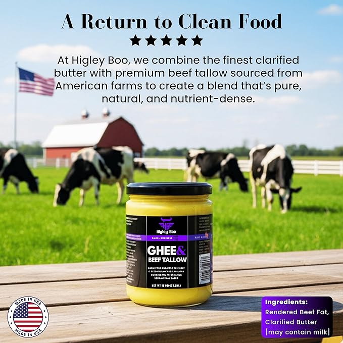 Higley Boo Premium Ghee & Beef Tallow for Cooking – 100% Animal-Based Cooking Oil | Keto, Carnivore & Paleo Friendly | Seed Oil Free | Zero Carbs, Zero Sugar | Gluten-Free, Lactose-Free | 16oz Jar