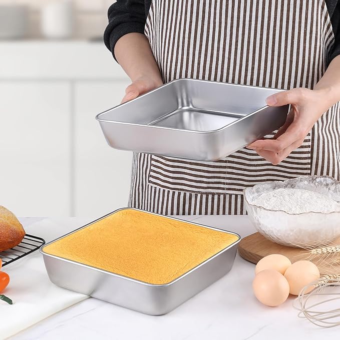 LIANYU 3 Pack 8 x 8 Inch Square Baking Cake Pan, Stainless Steel Brownie Bread Cake Molds, Square Bakeware for Lasagna Pie, Oven & Dishwasher Safe