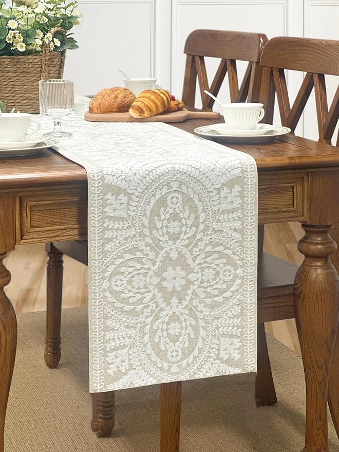 KEVA Boho Table Runner 54inches Long, Farmhouse Rustic Vintage White Embroidered Table Runners 13x54 Inch for Dining Table Decorations