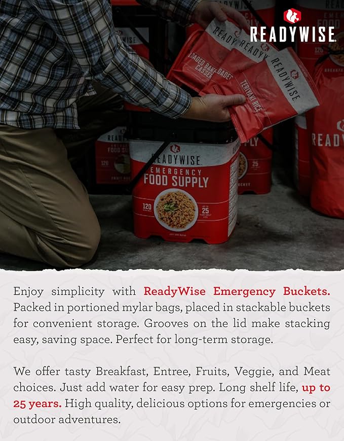 ReadyWise Entrée Bucket - 60 Servings, Emergency Food Supply for Survival Kit, Protein Meals, Freeze Dried Food, Ready to Eat Camping & Road Trip Essentials, up to 25 Year Shelf Stable Life