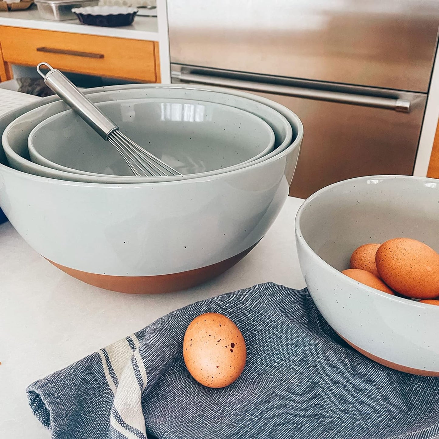 Mora Ceramic Large Mixing Bowls - Set of 2 Nesting Bowls for Cooking, Serving, Popcorn, Salad etc - Microwavable Kitchen Stoneware, Oven, Microwave and Dishwasher Safe - Extra Big 2.5 & 1.6 Qt - Grey