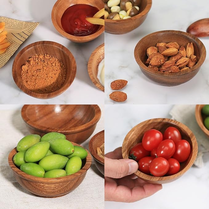 Acacia Wooden Bowls, 4 Inch Handcrafted Wood Serving Bowls Set of 2 for Sauce/Dips/Condiments, Mini Farmhouse Side Dishes with Natural Textured for Charcuterie Board/Appetizers