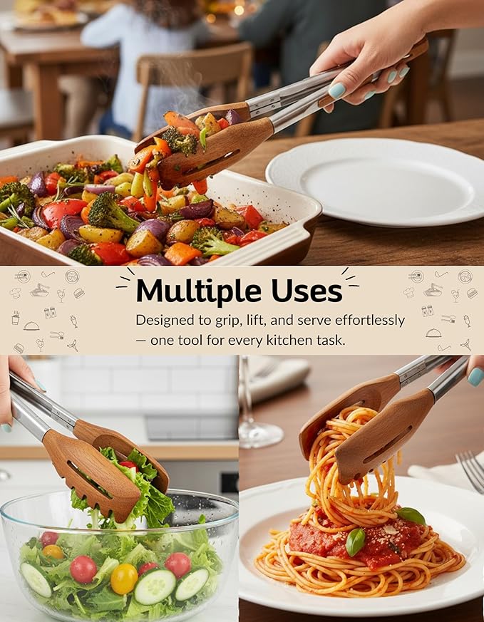 3-in-1 Kitchen Tongs & Pasta Server – 12 Inch Walnut Multifunction Tongs with Slotted Forked & Flat Tips for Pasta, Salad, Cooking and More – Elegant, Heat-Resistant Food Tongs for Home Cooks & Chefs