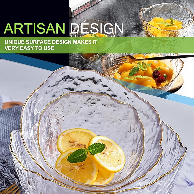 Glass Serving Bowls Set of 3 with Gold Rim - Decorative Crystal Fruit Bowl & Dessert Cups - Lotus Shape Nesting Glassware for Snacks, Dips, Side Salad, Popcorn - Elegant Centerpiece for Table
