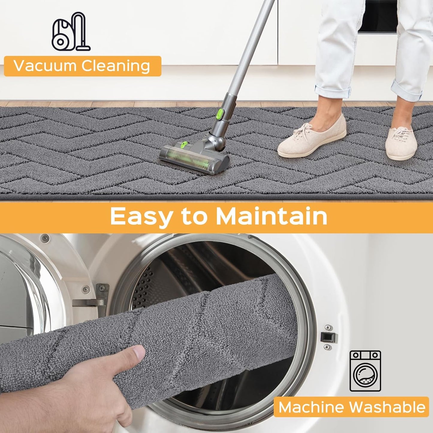 Machine Washable Kitchen Rugs 24" x 84", Non-Slip Kitchen Runner Rugs Mats for Floor, Absorbent Comfort Standing Mats for Kitchen, Sink, Laundry and Hallway, Rolled Packaging, Grey