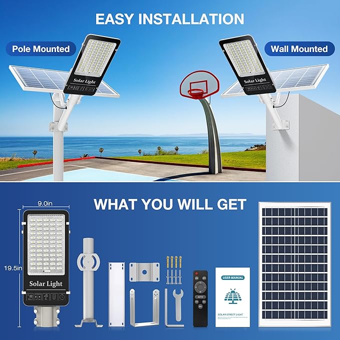 10000W Solar Street Light, Super Bright LED Beads Solar Lights Outdoor Waterproof IP66, Parking Lot Light Commercial Dusk to Dawn,Flood Light with Remote Control for Yard, Driveway(2Pack)