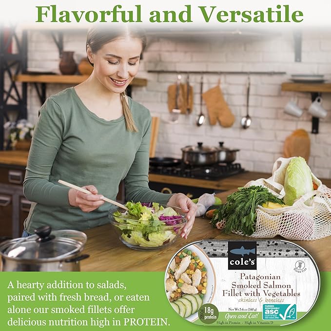 COLE’S - Patagonian Smoked Salmon Fillet with Vegetables| Ready to Eat Meal | 5.6 oz Canned & Hand-Packed | 19g Protein | High in Vitamin D | 6 Pack
