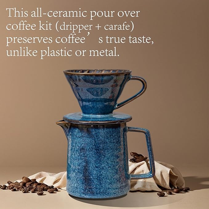 Topadorn Pour Over Coffee Maker Set, 13 Oz Ceramic Coffee Maker & Pour Over Coffee Dripper, Reusable Drip Coffee Maker for Café Restaurant Home Camping, Blue
