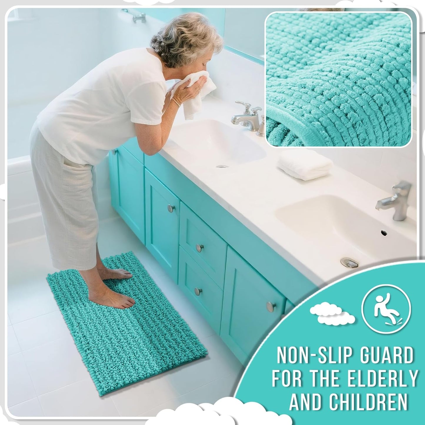 Yimobra Bathroom Rugs Non Slip Washable 24x17 Inch - Ultra Soft Absorbent Chenille Bath Mat, Quick Dry Shaggy Floor Carpet for Tub Shower, Lake Blue Home Decor Accessories