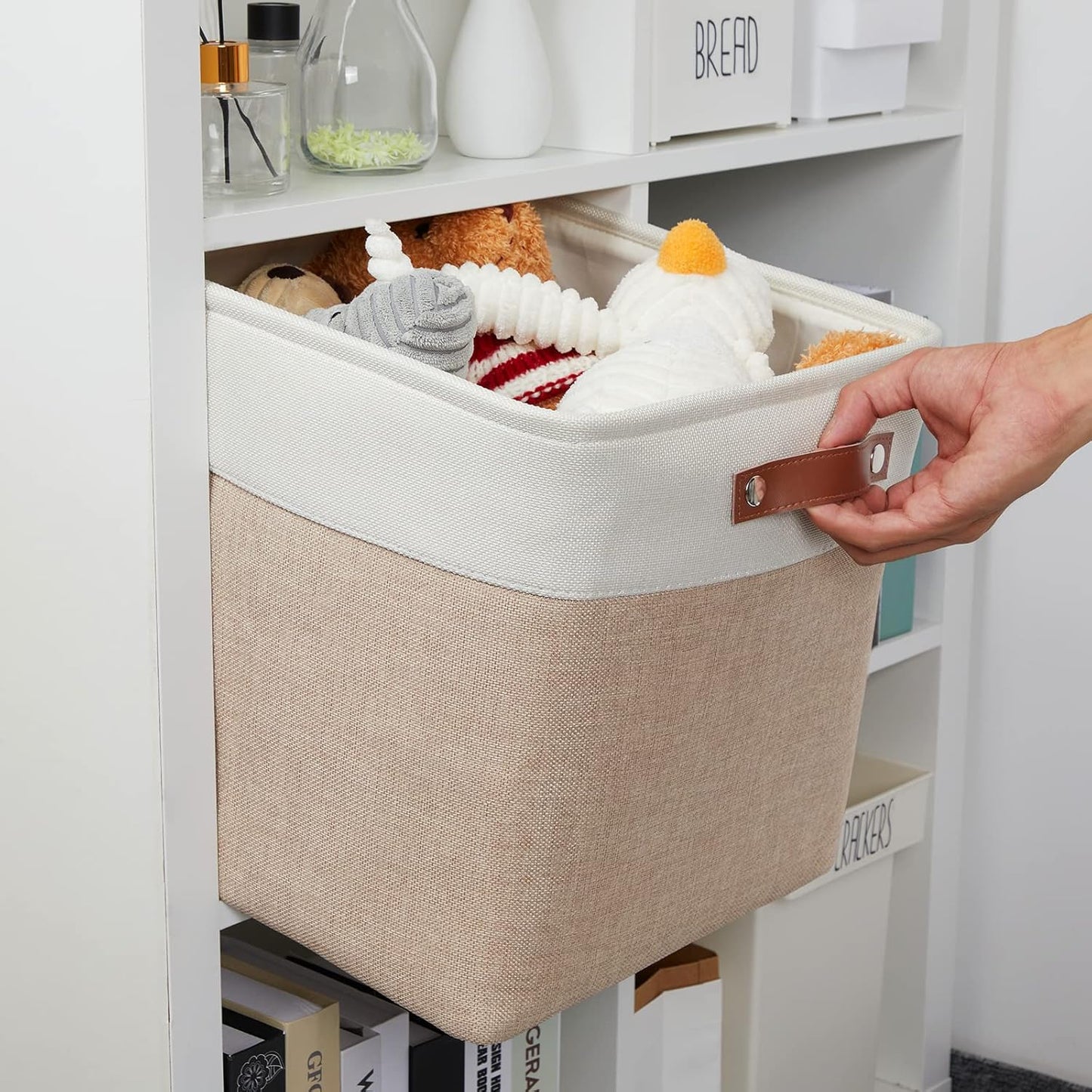 DULLEMELO Fabric Storage Cubes,13 inch Cube Stroage Bins for Empty Gift Basket,Toy Nursery Storage Linen Closet Organizers and Storage Baskets Shelves Bins(White&Khaki)