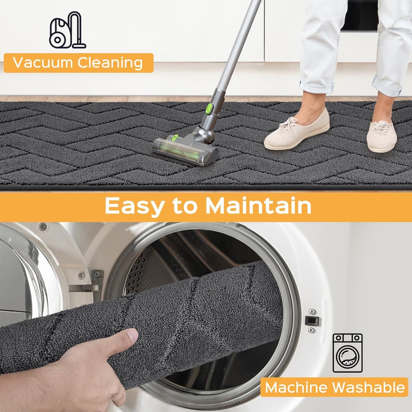 Machine Washable Kitchen Rugs 24" x 70", Non-Slip Kitchen Runner Rugs Mats for Floor, Absorbent Comfort Standing Mats for Kitchen, Sink, Laundry and Hallway, Rolled Packaging, Charcoal