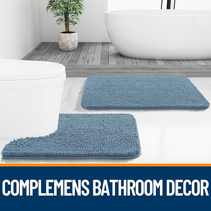 OLANLY Bathroom Rugs 47x20, Extra Soft Absorbent Chenille Bath Rugs, Rubber Backing Quick Dry, Machine Washable Bath Mats for Bathroom Floor, Tub and Shower, Home Decor Accessories, Airy Blue