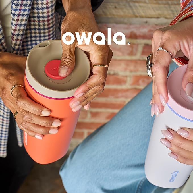 Owala SmoothSip Slider Insulated Stainless Steel Coffee Tumbler, Reusable Iced Coffee Cup, Hot-Coffee Travel Mug, BPA Free 20 oz, Tan/White (Vanilla Bean) (Pack of 8)