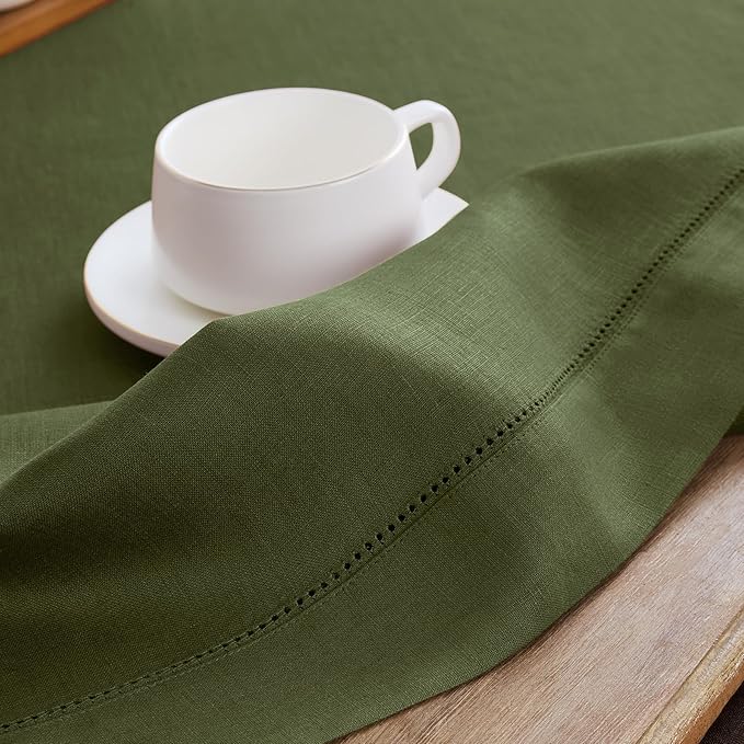 Solino Home Linen Olive Table Runner 72 Inches Long - 100% Pure Linen Hemstitch Table Runner 14 x 72 Inch for Dresser, Dining, Christmas, New Year - Classic Hemstitch