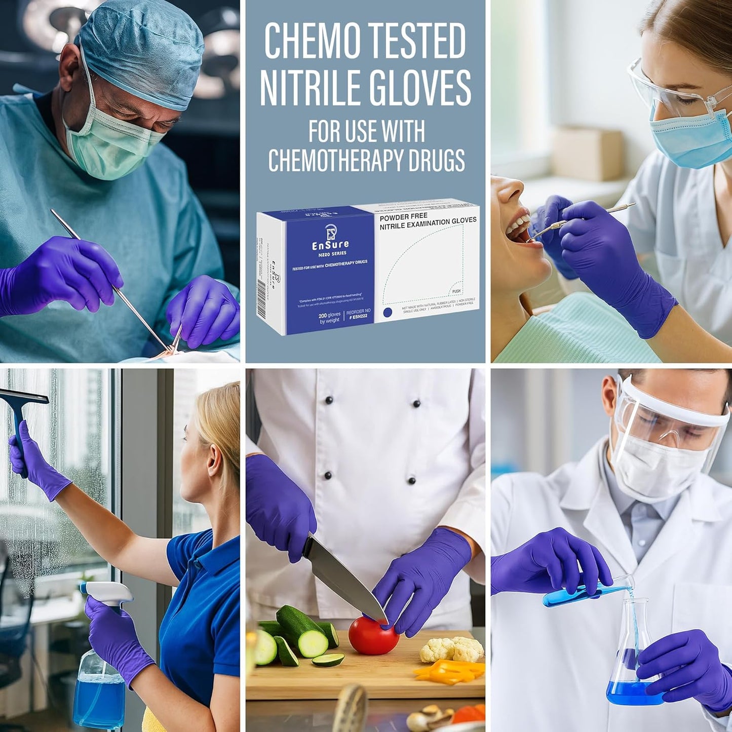 EnSure Nitrile Exam Gloves, Powder-Free, Latex-Free, Chemo Rated, Non-Sterile, Light Duty, Textured Tips, Medical, Surgical, Food Safe, Cleaning, Dental, Lab Use - 3 Mil (X-Small, 200 Count)
