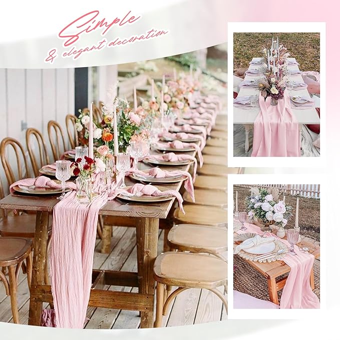 Aktor 12 Pack Pink Cheesecloth Table Runner 10Ft Gauze Table Runner Boho Semi Sheer Cheese Cloth Fabric Runners for Wedding Birthday Baby Shower Party Table Decoration(Pink)