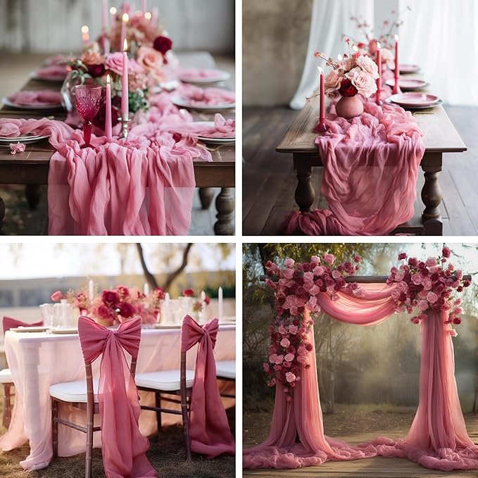 combocube 12 Pack 35x120 Inch 10Ft Cheesecloth Long Table Runner Gauze Rustic Romantic Table Cloth for Wedding Reception Bridal Shower Holiday Birthday Party Table Decorations, Dusty Rose