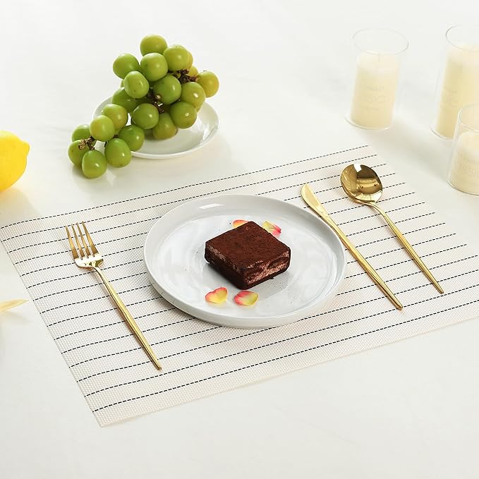 Leetaltree White with Black Stripes Placemats Set of 12 - Heat Resistant Non-Slip Place mats for Dining Table, Washable Durable PVC Vinyl Woven Table Mats(White Stripes, 12)