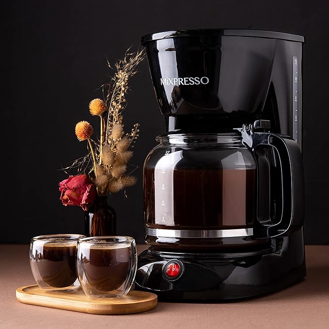 Mixpresso 12 Cup Coffee Pot, Auto-Off & Reusable Filter, Large Drip Coffee Maker, Borosilicate Glass Carafe, Anti-Drip, Water Window, Easy On/Off Switch, Black Coffee Machine